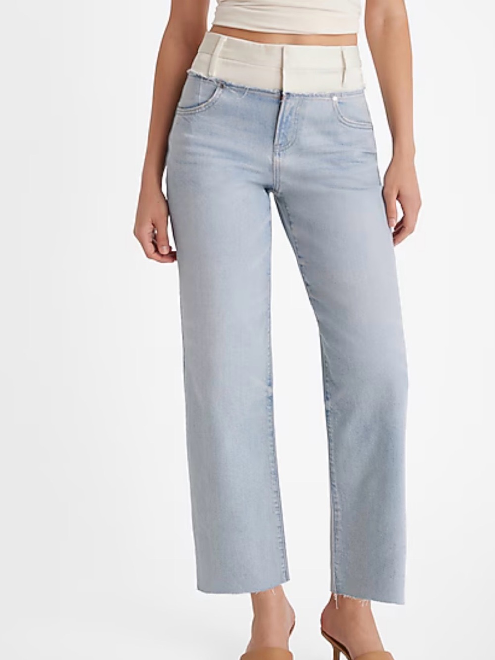 High Waisted Satin Waistband Relaxed Ankle Straight Jeans